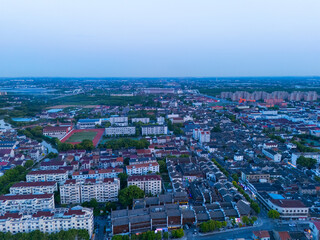 Aerial view of Shanghai Xinchang Ancient Town at sunset, One of the most famous ancient towns in...