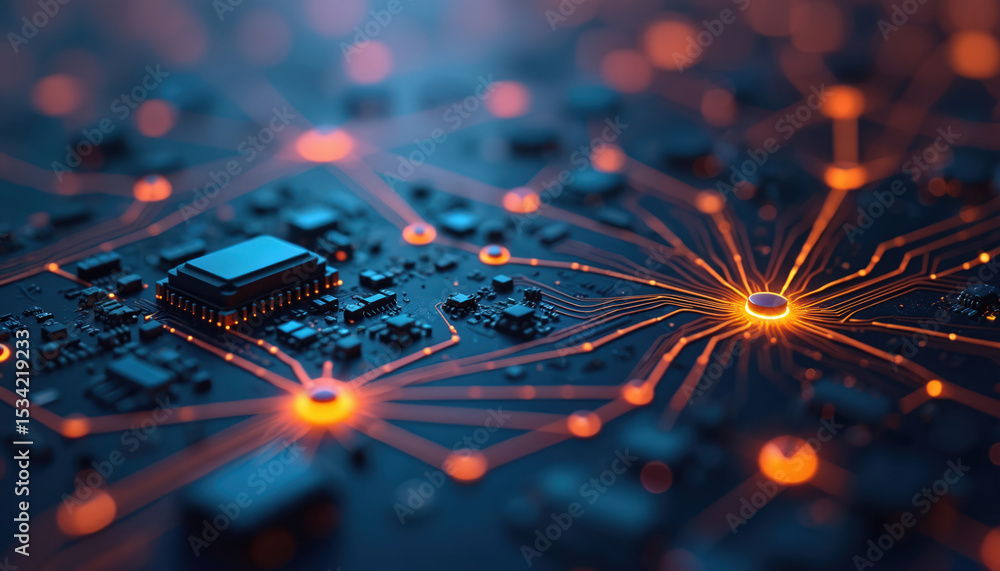 Poster illustration of digital circuit board with glowing orange connections. electronic components, tech, 