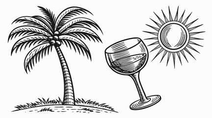 Vintage Palm Tree, Goblet, and Sun Engravings – Hand-Drawn Black and White Etched Illustrations