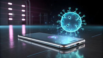 Fototapeta premium Smartphone Displaying Digital Virus Illustration in Futuristic Setting