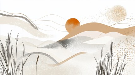 Abstract landscape with rising sun and beige mountains in minimalist design