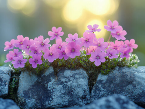 cluster of delicate pink wildflowers growing on rocky surface, illuminated by soft sunlight, creating serene and tranquil atmosphere in nature