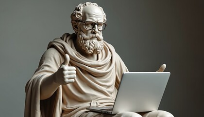 Ancient Greek philosopher statue wears glasses, uses laptop. Giving thumb up. Symbolizing tech integration. Historical, modern blend. Reflecting education, innovation, digital age.