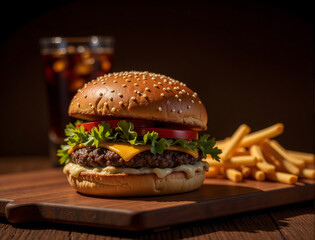 Delicious Burger and French Fries on Wooden Board with Drink in Backgrounds