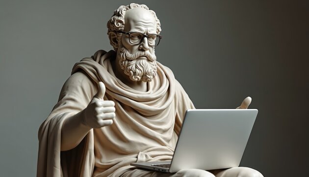 Ancient Greek philosopher statue wears glasses, uses laptop. Giving thumb up. Symbolizing tech integration. Historical, modern blend. Reflecting education, innovation, digital age.