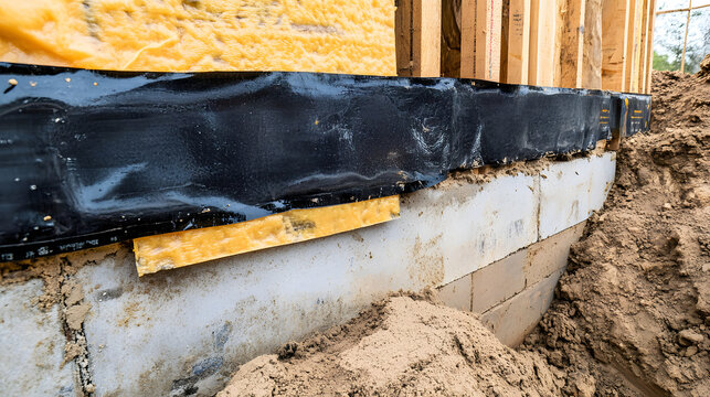 "Close-up of damp proofing application on house basement foundation, featuring waterproof membranes and insulation, construction details, building materials, outdoor setting."