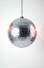 Fototapeta premium Glittering silver disco ball for clubbing, dance parties. Shiny sphere reflects light. Nightclub atmosphere, music events, New Year celebrations, party decorations. Isolated on white background.