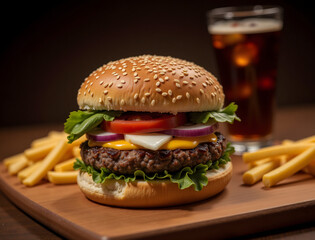Delicious Burger and French Fries on Wooden Board with Drink in Background