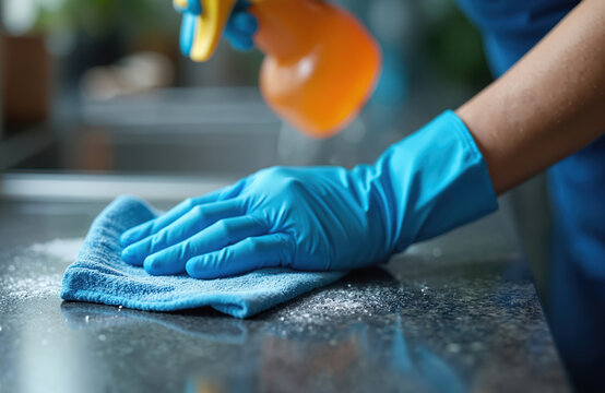 Hand in protective blue glove wipes countertop with fresh towel, spray bottle with cleaning solution in hand. Surface treatment, disinfection, hygiene for home, domestic, kitchen office cleaning.