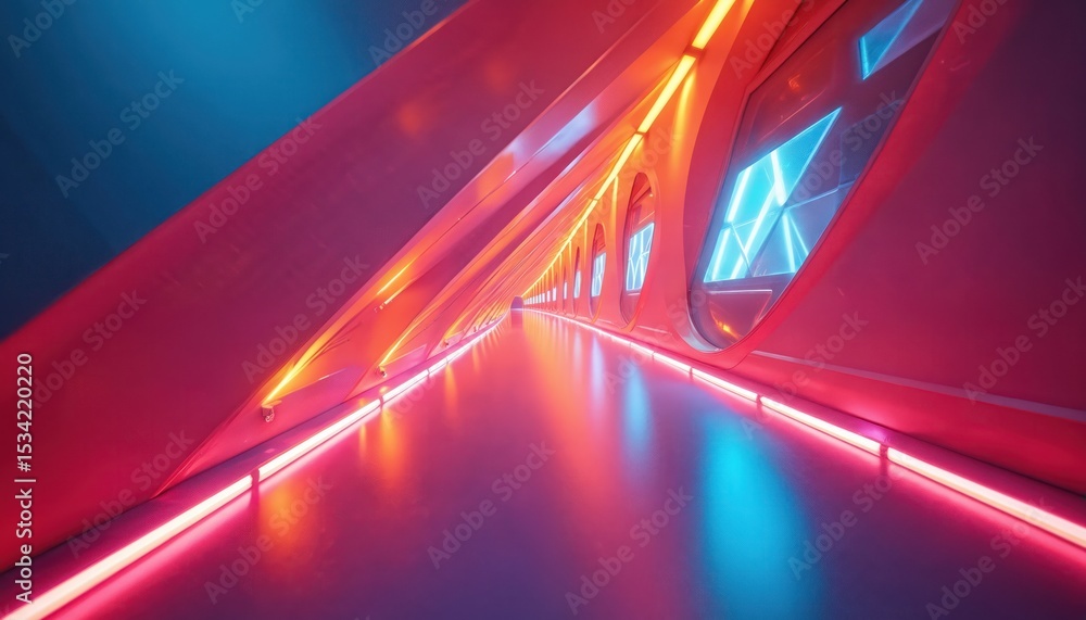 Poster futuristic tunnel with vibrant neon lights. abstract corridor with glowing illumination. digital art