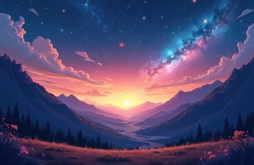 Illustration night sky filled with twinkling stars, galaxies, colorful nebulae above mountain landscape, valley, fields. Nature scene with sunrise, sunset. Dusk, dawn, daybreak. For travel projects.