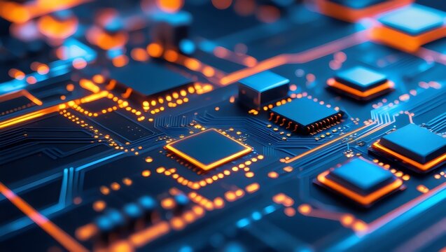 Advanced Circuit Board: Microchips and Glowing Pathways for Digital Technology

