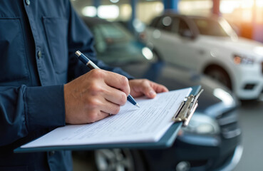 Fototapeta na wymiar Mechanic writes in clipboard at auto repair shop, car service concept. Car maintenance, vehicle inspection, routine check by technician in garage. Automotive professional.