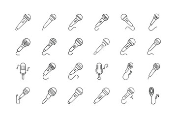 Collection of Microphone Icons in Outline Style Representing Different Types and Designs for Audio Recording and Broadcasting Purposes