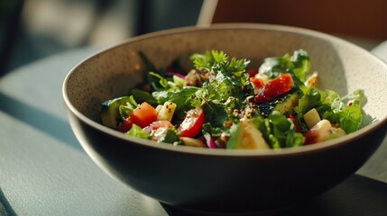 Vibrant Mixed Salad Delight in Rustic Bowl Bathed in Natural Sunlight