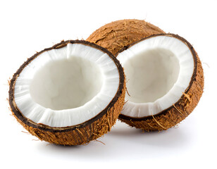 Two halves of fresh coconut resting near whole fruit on white background