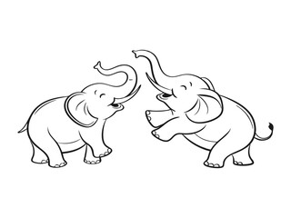 Playful Baby Elephants Vector Outline, Cute baby Elephants Line Art Animal Drawing, Funny Happy Cartoon Elephants Interacting for coloring page.