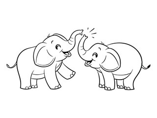 Obraz premium Playful Baby Elephants Vector Outline, Cute baby Elephants Line Art Animal Drawing, Funny Happy Cartoon Elephants Interacting for coloring page.