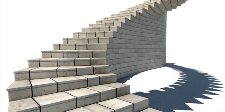 A curving stone staircase ascends, isolated on transparent background, its shadow a jagged gear below