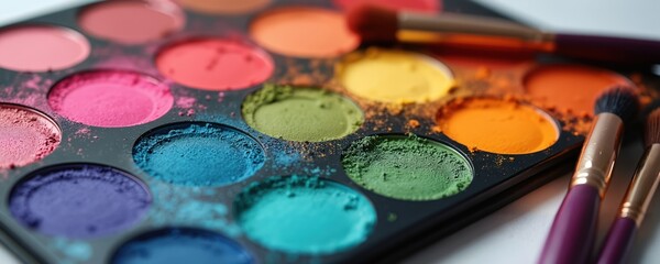 Naklejka premium Palette of colorful eyeshadows, makeup brushes. Close-up isolated view demonstrates fashion beauty. Eye shadow collection, various vibrant colours, shades, for professional makeup artistry. Trendy