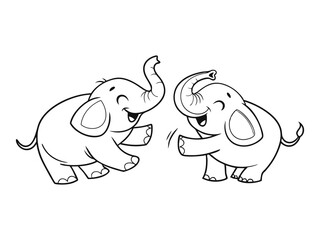 Playful Baby Elephants Vector Outline, Cute baby Elephants Line Art Animal Drawing, Funny Happy Cartoon Elephants Interacting for coloring page.	