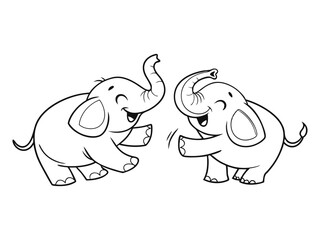 Playful Baby Elephants Vector Outline, Cute baby Elephants Line Art Animal Drawing, Funny Happy Cartoon Elephants Interacting for coloring page.	