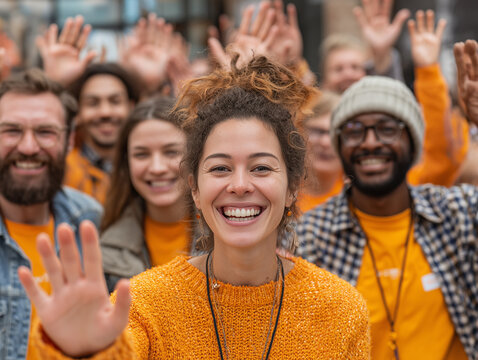 Happy volunteer team waving together, showcasing unity and joy in bright orange attire. Their smiles reflect positive community spirit and teamwork