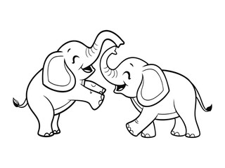 Playful Baby Elephants Vector Outline, Cute baby Elephants Line Art Animal Drawing, Funny Happy Cartoon Elephants Interacting for coloring page.