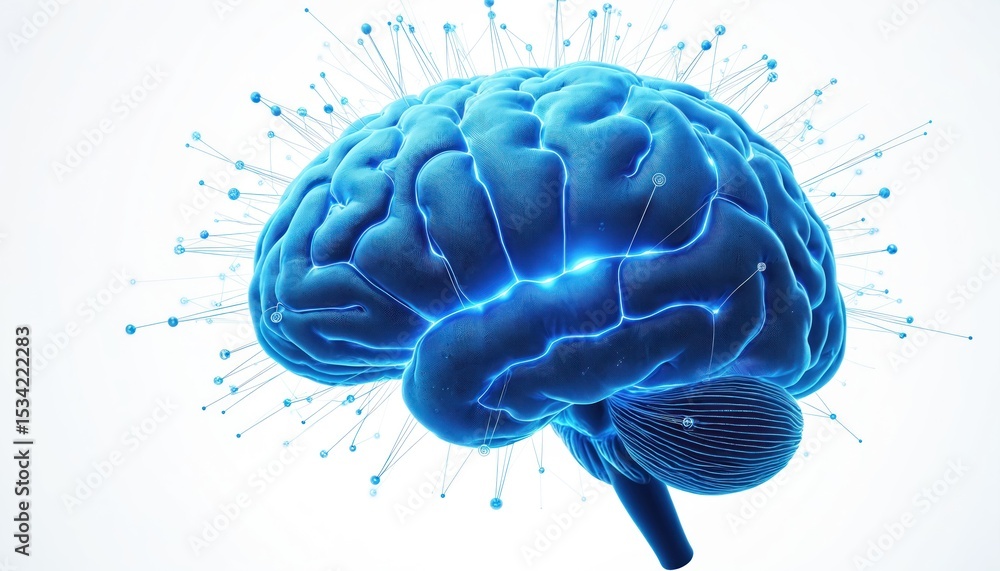 Poster digital illustration blue brain with abstract network design, dynamic effects on white background. i