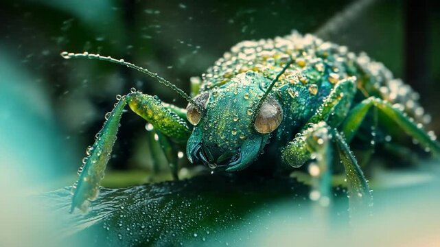 close up of a grasshopper, macro of a red bug, insect, bugs on green leaves, nature, green bugs, mantis, grasshopper