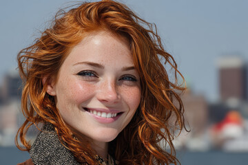 Portrait of a charming red-haired girl against the urban background of the city smiling happily. Young European university student. 