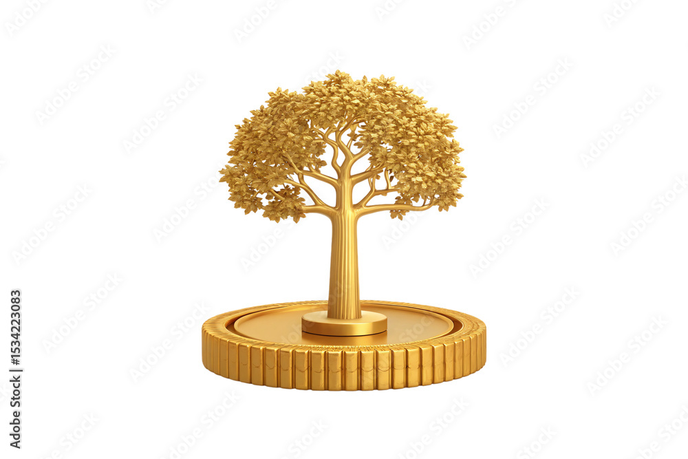 Poster golden tree rooted on large circular coin platform with detailed trunk and branches, isolated on a t