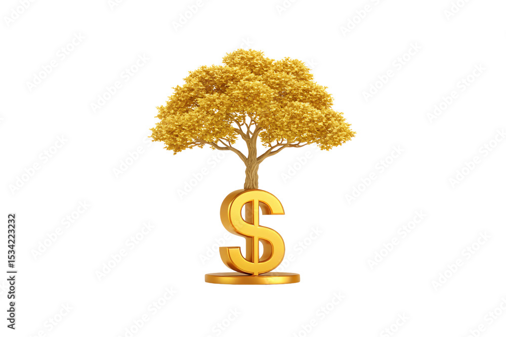 Poster golden tree with full canopy growing from dollar sign on circular platform, isolated on a transparen