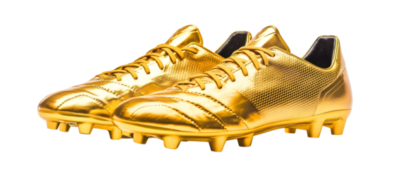 A pair of shiny golden soccer cleats designed for performance on the field, showcasing a sleek and modern aesthetic for athletes.