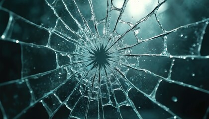 Fototapeta premium Shattered glass window with intricate cracks radiating from central point. Abstract texture, transparent shards. Symbolic of damage, destruction, break, impact or transition. Cool blue, green tones.