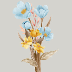 Bouquet of colorful spring flowers and leaf illustration design for background floral pattern Vanda Orchid Anthurium Pink Lily Flowers Blue Flower Watercolour Perfect for Wedding Card Design 