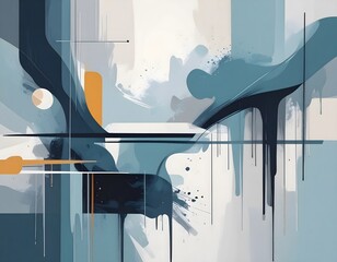Abstract painting dripping with blue, gray, and orange colors