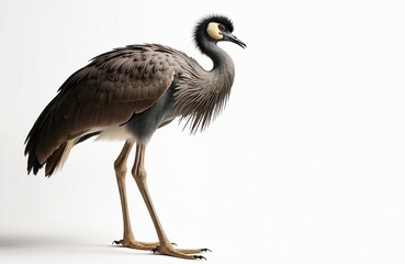 Obraz premium Profile view of a rhea bird standing on white backdrop. Long legs, detailed plumage visible, avian animal isolated. Great for wildlife, zoology, nature projects.