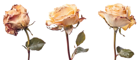 A trio of roses showcasing varying stages of bloom and decay, highlighting nature's beauty and transience.