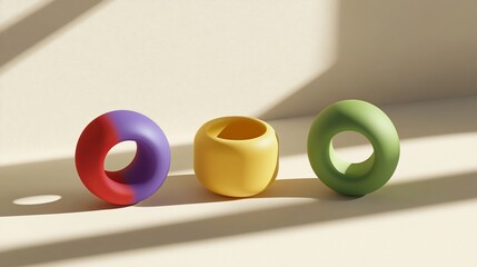 Colorful donut-shaped objects casting soft shadows on a light beige backdrop