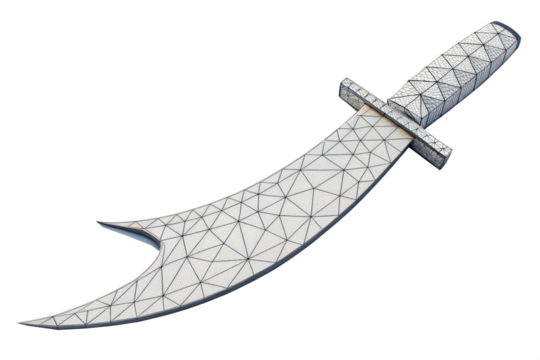 Wireframe model of a curved scimitar, isolated on transparent background