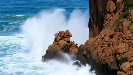Ocean waves crashing against rugged red cliffs