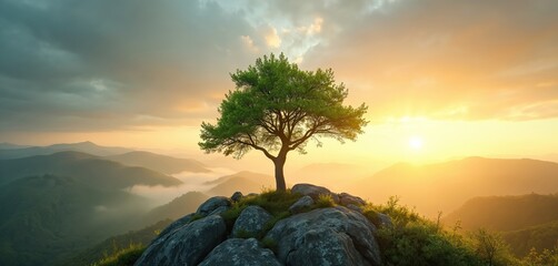 Small tree growing on a rocky mountain at sunrise. Green world, earth day concept. Sun, mountain view, nature, landscape, travel, conservation and environmental eco-conscious theme.