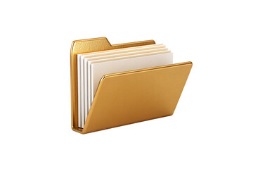Golden metallic file folder containing white documents with organized filing system for office use, isolated on a transparent background
