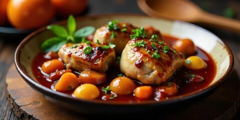 Savory Chicken in a Rich, Tangy Glaze with Sweet Vegetables Served on a Rustic Plate