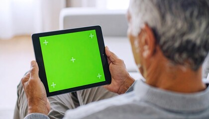 Senior man using a tablet with a green screen