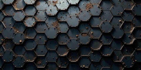 Dark Hexagonal Metal Plate Surface with Grit and Dust Texture