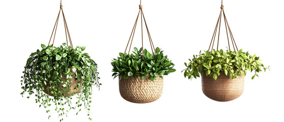 A collection of three hanging planters filled with lush green plants, showcasing a vibrant and natural aesthetic for indoor decoration and enhancing living spaces.