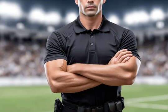 Serious security guard with crossed arms, stands in front of sports field.