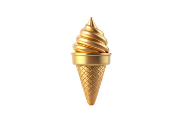 Golden soft-serve ice cream cone with swirled topping and waffle cone pattern, isolated on a transparent background